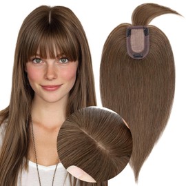 MY-LADY Human Hair Toppers for Women Real Human Hair with Bangs Thin 7 * 13CM Silk Base with Lace Clip in Straight Remy Hairpieces 150% Density 12 Inch Medium Brown