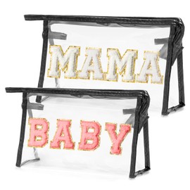 CY2SIDE MAMA Baby Bag Set - 2PCS Clear MAMA and BABY Letter Patch Makeup Bag with Handle for Travel Cosmetic Bag for Toiletries Waterproof Travel Organizer Baby Reveal Gift Mothers Day Gift Black