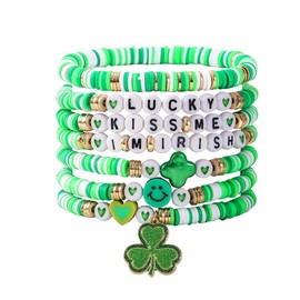 OIDIMS Clover Irish Festival Bracelet Charm Green Shamrock Heishi Clay Bead Bracelet Set St.Patrick’s Day Bracelets for Women Men Stretch Bracelet Lucky Statement Gift Xmas Promise 7pcs