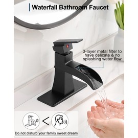 HOIGY Waterfall Faucet, Brass Black Bathroom Sink Faucet 1 Hole or 3 Holes, Single Handle Bathroom Faucet 4 Inch Bathroom Faucets with Pop-Up Drain, Supply Hoses & Deck Plate for Vanity Lavatory RV