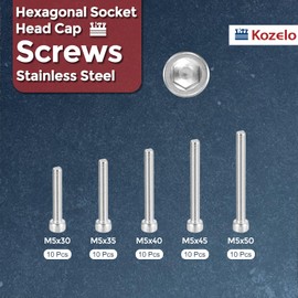 Kozelo 50pcs M5 Socket Head Cap Screws Bolts Nuts Assortment Kit - [M5x30/35/40/45/50mm] 304 Stainless Steel Allen Socket Drive for 3D Printer