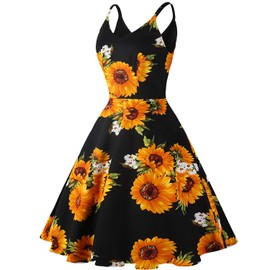 GOOBGS Women's 1950s Retro Vintage Spaghetti Strap Cocktail Swing Dresses with Pockets Sunflower M