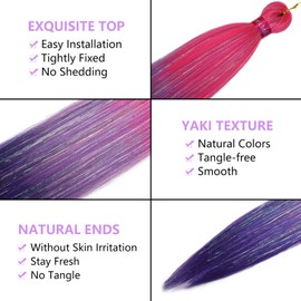 Ombre Pink/Purple with Tinsel Braiding Hair Pre Stretched 2 Packs 26 Inches Box Braids Hair Extensions Synthetic Pre Stretched Braiding Hair
