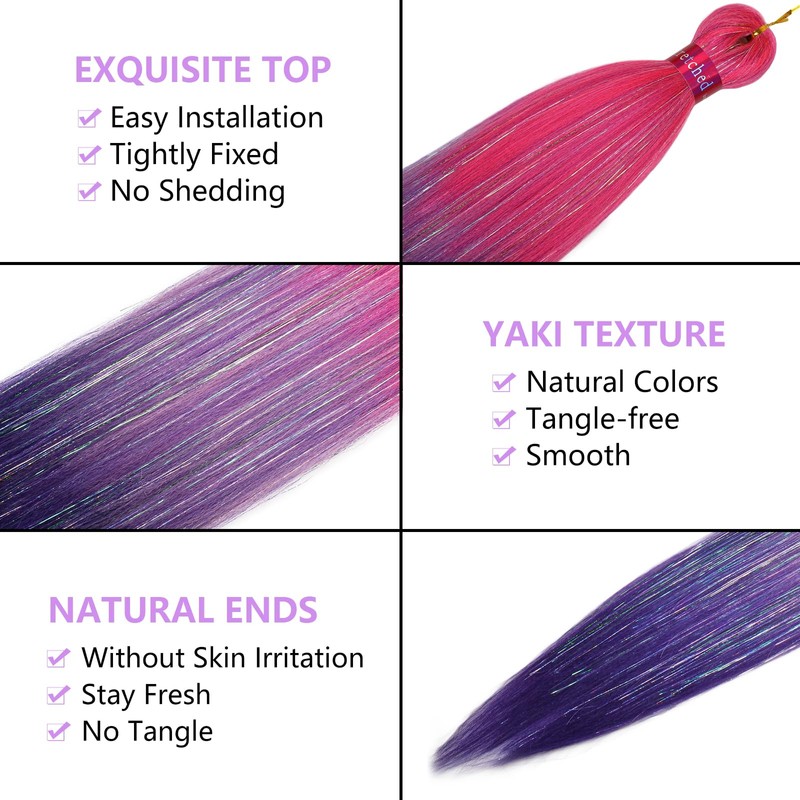 Ombre Pink/Purple with Tinsel Braiding Hair Pre Stretched 2 Packs