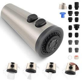 Hibbent Pull Down Faucet Head Replacement, 4-Function Kitchen Sink Spray Nozzle Replacement with 15 Adapters, Compatible with Moen, American Standard, Delta, Kohler Faucets, Brushed Nickel