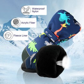 Kids Ski Warm Gloves Baby Boy Winter Waterproof Snow Glove for Toddler Infant Girl Cold Weather Windproof Mittens 2-12T (N-NAVY DINOSAUR, S(2-4T))