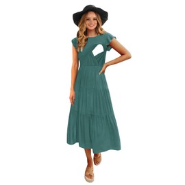 CzzzyL Nursing Dress Breastfeeding Womens Front Gathered Pleated Ruffle Maternity Texture Soft Tiered Postpartum Clothing(DarkBlue,Medium)