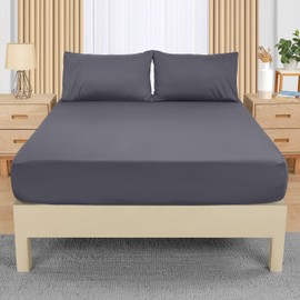 Utopia Bedding Double Fitted Sheet with 2 Pillow Cases (50x75cm), Grey - Deep Pocket (35 cm) - Bed Sheets Set - Soft Brushed Microfibre