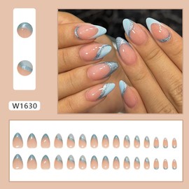 30 Pcs Blue French Tip Press on Nails Medium Almond - Summer Fake Nails Nude Pink False Nails Press ons with Silver Curve Design Full Cover Glitter Acrylic Nail Art Kit Glue on Nail for Women Girls