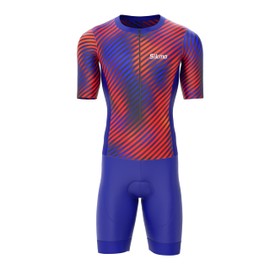 Sikma Men’s Half Sleeve Trisuit Breathable Mesh Triathlon Padded Suit with Hi Viz Reflection One Back Pocket and Power Band Leg Grippers Trisuit (Red/Navy, Small)