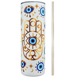 Termo Skinny Ojo Turco, Nazar, Mano de Fátima, Hamsa, Protección Personalizado Nombre Premium 600 ml con popote de acero inoxidable