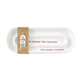 Mud Pie Ceramic Holiday Cheese and Crackers Server and Cheese Markers Set, White