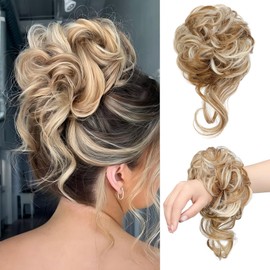 Messy Bun Hair Piece Tousled Updo Hair Buns Extension Elastic Hair Band Hair Pieces Curly Hair Bun Scrunchie for Women Curly Chignon Ponytail Hairpiece Daily Wear(Ginger Brown Mix Bleach Blonde)