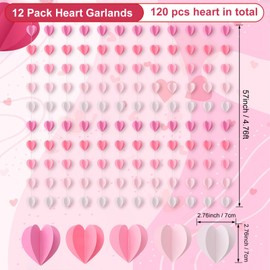 Epakh 12 Pcs Valentines 3D Heart Garland Banners 57ft Hanging Paper Heart Streamers Valentines Wall Decorations Party Decor Supplies for Galentines Wedding Classroom Birthday(Gradient Pink)