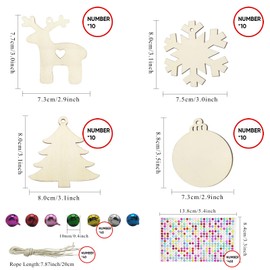 Hidreas 40 Pcs Wooden Ornaments Unfinished Christmas DIY Ornaments Craft Kit, Christmas Wood Ornaments with Bells, Wax Rope and Rhinestone Stickers for Children Arts and Crafts Supplies