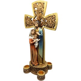 Beautiful Christmas 14" H Tabletop Nativity Cross. One Piece Nativity Advent Wreath Countdown to Christmas Set with Figures of The Holy Family. Candle Holder (Candles not Included)