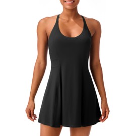 PERSIT Women Tennis Dress Athletic Wrokout Summer Dress Golf with Built in Bras & Shorts Pockets Black