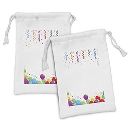 Ambesonne Party Fabric Pouch Set of 2, Rain with Curls and Balloons Stars Dots Joyful Happy Greeting Concept, Small Drawstring Bag for Toiletries Masks and Favors, 9" x 6", Multicolor
