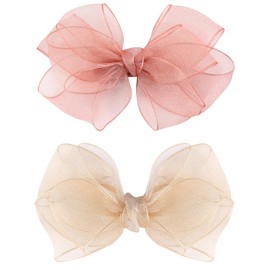 2 Colors Organza Double Hair Bows Clips - 5.5 Inch Large Big Lined Boutique Alligator Clips Hair Accessories for Girls Toddlers and Little Teens (Pink-Gold)