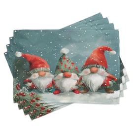 Ambesonne Christmas Place Mats Set of 4, Whimsical Xmas Elves Santa's Helpers Theme Gnomes with Hats Print, Washable Fabric Placemats for Dining Table, Standard Size, Vermilion Blue Grey Grey