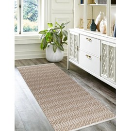 The Beer Valley Hand Woven Geometric Runner Rug 2'x6' - Beige, Farmhouse Neutral Non Slip Long Carpet for Hallway, Kitchen, Bedroom | Diamond Mat for Living Room, Washable Bathroom Rugs - 24x72 Inches