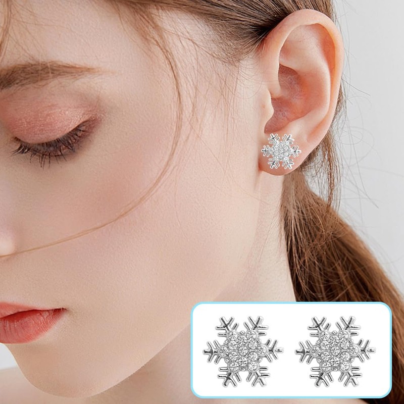 Snowflake Earrings - Christmas Flower Shaped Crystal Stud Pierced Earrings