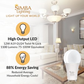 Simba Lighting LED GU24 A19 Light Bulb 12W 75W to 100W Replacement (4 Pack) 120V 2 Prong Twist and Lock Base for Ceiling Lights, Pendants, Outdoor Lanterns, Floor Lamps, Dimmable, 2700K Warm White