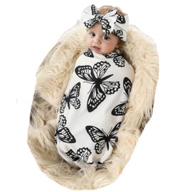 Galabloomer Receiving Blanket Headband Set Flower Print Baby Swaddle Receiving Blankets (Black Butterfly)