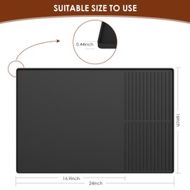 Dish Drying Mat, Silicone Mat, Zone-Divided, Waterproof Bar Mat for Kitchen Countertops, Dish Drying Rack, Coffee Machines, Ice Maker and Pet Feeding Areas (Black, 24'' x 16'')