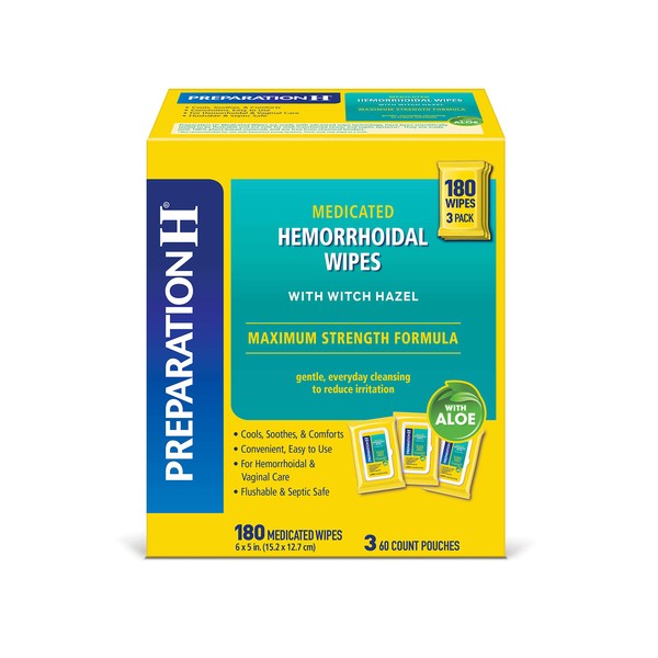 Preparation H Medicated Hemorrhoidal Wipes 180 ct, Maximum Strength Relief with Witch Hazel and Aloe, for Cleansing, Burning, Itch and Irritation Relief, 3 Packs of 60