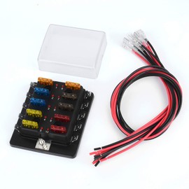 Jtron Car Fuse Box Car 12 V 10 Way Blade Fuse Holder with Cable LED Display ATC/ATO 5A 7.5A 10A 15A 20A Fuse Socket for Car Boat Marine Truck (10 Way)