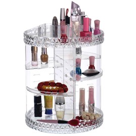 VR7 360° Rotating Acrylic Makeup Organiser - Roomy 3-Tier Stackable Drawers Skincare Organiser and More Clear Jewelry Perfect for Vanity Bathroom Bedroom - Beauty Stand Holder Organizer