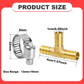 Hose Connector 10 mm Brass, 6 Pieces Brass Hose Connector T Piece with Clamps, for Air Line, Water Pipe, Fuel Line, Oil Line