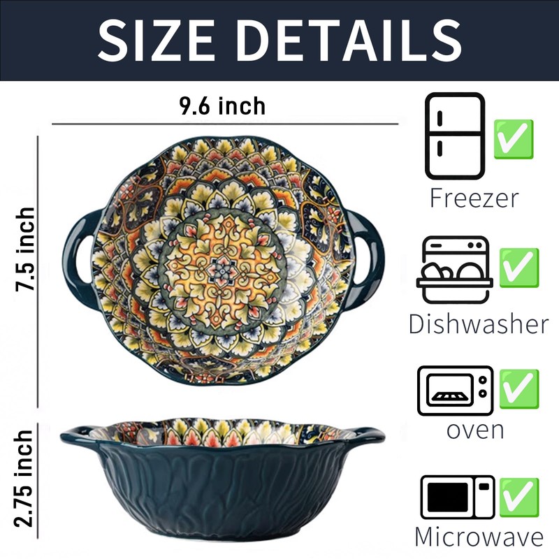 Ronanemon Bohemia Large Bowls with Handle, 40 oz Ceramic Soup
