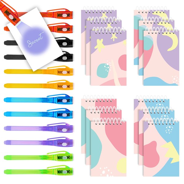 12 Invisible Ink Pen with UV Light and 12 Mini Unicorn Notebook Set. Magic Secret Message Spy Pen and Notepads for Birthday, Party Favors, Halloween Goodies Bags Toy, Science and Classroom Prizes