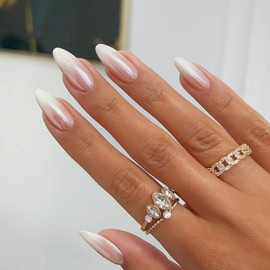 YOSOMMK Chrome Fake Nails Almond Medium Press on Nails with Mirror Designs Glossy Ombre Nude False Nails Stick on Acrylic Nails for Women