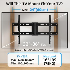 HOME VISION Heavy Duty Tilt TV Wall Mount for Most 32-86 Inch Flat TVs, Max VESA 600x400mm, 165LBS Loading, Low Profile Tilting Wall Mount TV Bracket Fits 16/18/24 Inch Studs, Anti-Glare HV9601