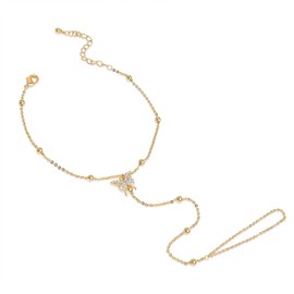 Jean Beau Gold Butterfly Hand Chain Ring Bracelets for Woman, Dainty Beaded Rhinestone Finger Ring Slave Bracelet Adjustable Summer Beach Jewelry Gifts