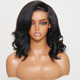 UNICE 12 inch Light Yaki Loose Body Wave Bob Wig human Hair with Below Out Bangs 13X4 HD Lace Front Glueless Wigs Human Hair Pre Plucked Pre Cut Lace Bleached Knots Ready to Wear Black Color