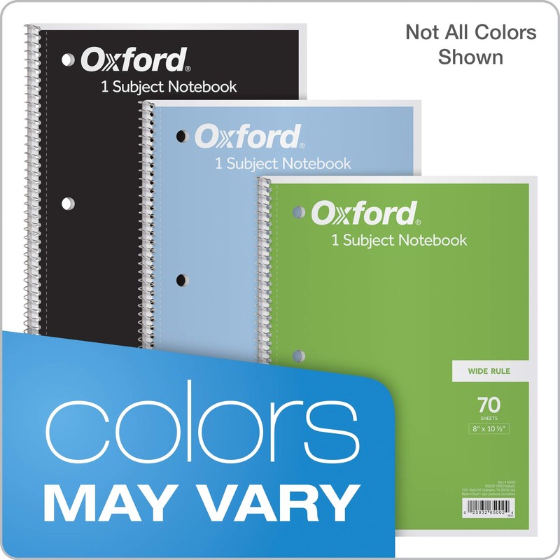 Oxford 1-Subject Notebook, 8 x 10-1/2, Wide Rule, 70 Sheets