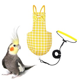 VANFAVORI Bird Diaper Harness Flight Suit Clothes with 80 Inch Flying Leash for Parrots Cockatiel Pet Birds Including A Cotton Pad, S Size, Yellow Checks