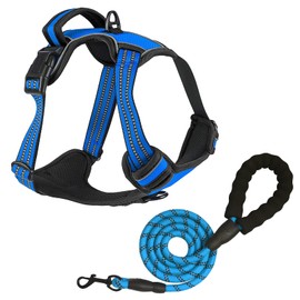 Dog Harness for Small Medium Large Dogs Adjustable Reflective Pet Vest with Front clip Easy Control Handle Breathable Padded Harness and Lead Set for Training Walking Blue S