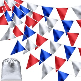 Tatuo 40ft Red Blue Silver Party Decorations Fabric Pennant Banner Triangle Flag Bunting Garland for Patriotic 4th of July USA American Independence National Day Birthday Wedding Outdoor Decor
