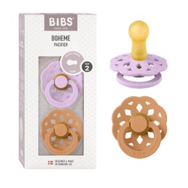 BIBS Boheme Soother 2-Pack. BPA Free Dummy Pacifier, Round Nipple. Natural Rubber Latex, Made in Denmark, Size 2 (6-18 Months), Violet Sky/Pumpkin