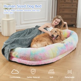 Human Dog Bed for Adult - 72"x48"x10" Dog Beds for Humans Size Fits You and Pets - Flufelbed Cloud Bed for Humans and Dogs - Nap Faux Fur Fluffy Orthopedic Pet Sleeping Bed - Large Multi-Colored