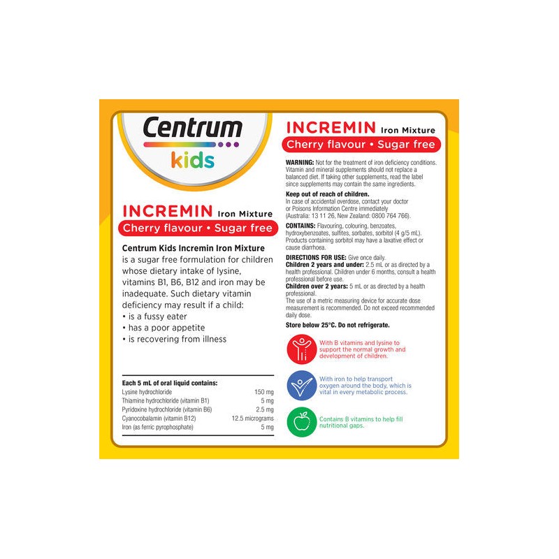 Centrum Kids Incremin Iron Mixture Oral Liquid Cherry 200mL