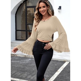 Hount Women Vintage Bell Sleeve Shirts 70s Disco Tops Plus Size Crewneck Tops(Apricot,X-Large)