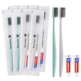 Xuezoioy Disposable Toothbrushes with Toothpaste,60 Pack Individually Wrapped Disposable Travel Toothbrushes Kit in Bulk for Homeless,Nursing Home,Hotel,Charity (Apricot+Green)