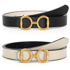 Women Reversible Leather Belt for Jeans Pants Fashion Two-In-One Gold Buckle Ladies Dress Belt