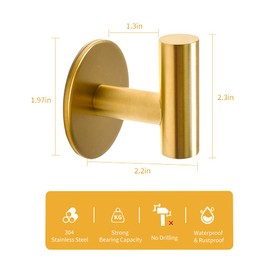 Vuzvuv Adhesive Hooks Brushed Gold SUS304 Stainless Steel Towel Hooks Heavy Duty Waterproof Wall Hooks Self Adhesive Coat Robe Towel Hooks for Bathrooms Kitchen Hotel Wall Mounted Hooks - 2 Pack